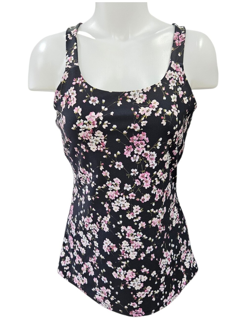 KiraGrace Cherry Blossom Yoga Top Black Pink Floral Sz M Criss Cross Back NWOT